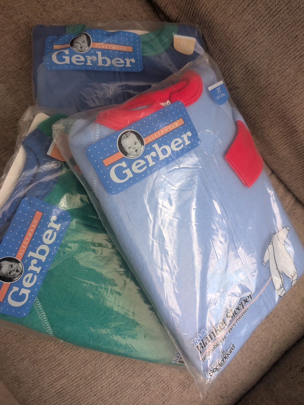 Vintage Gerber Kids Blanket Sleeper Set of 3 - Dark & Light Blue & Green